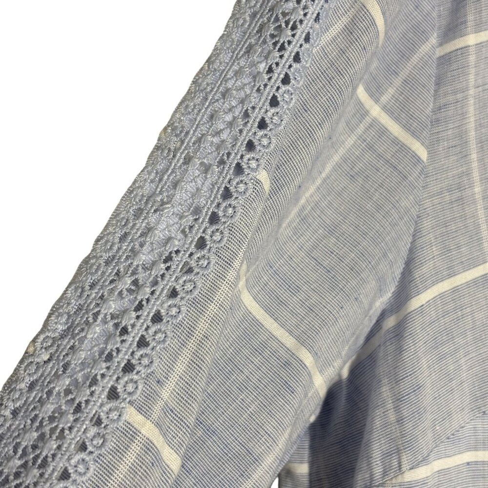 Christopher & Banks Blue Plaid 3/4 Sleeve Tunic Top W/Lace Detail Size L - Picture 4 of 13